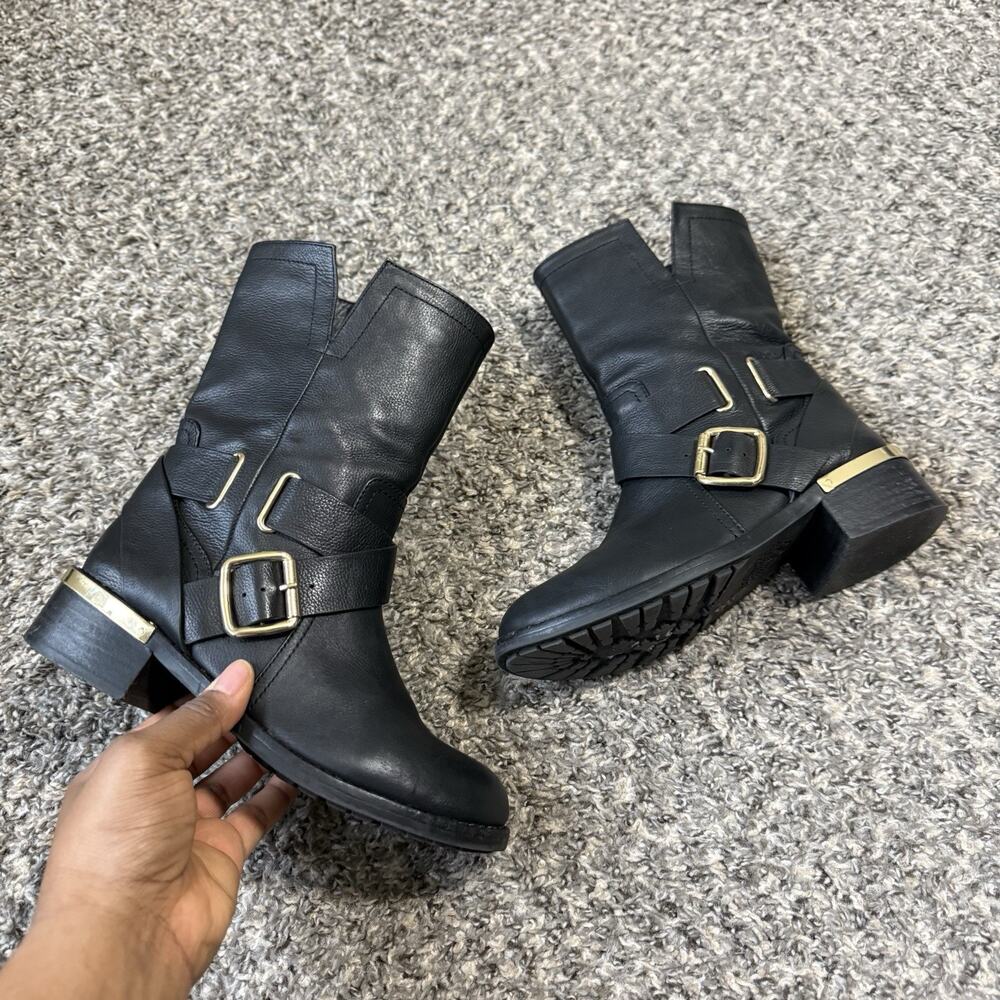 Vince Camuto Wethima Black Leather Gold Moto Boots Size 6 Women’s Combat